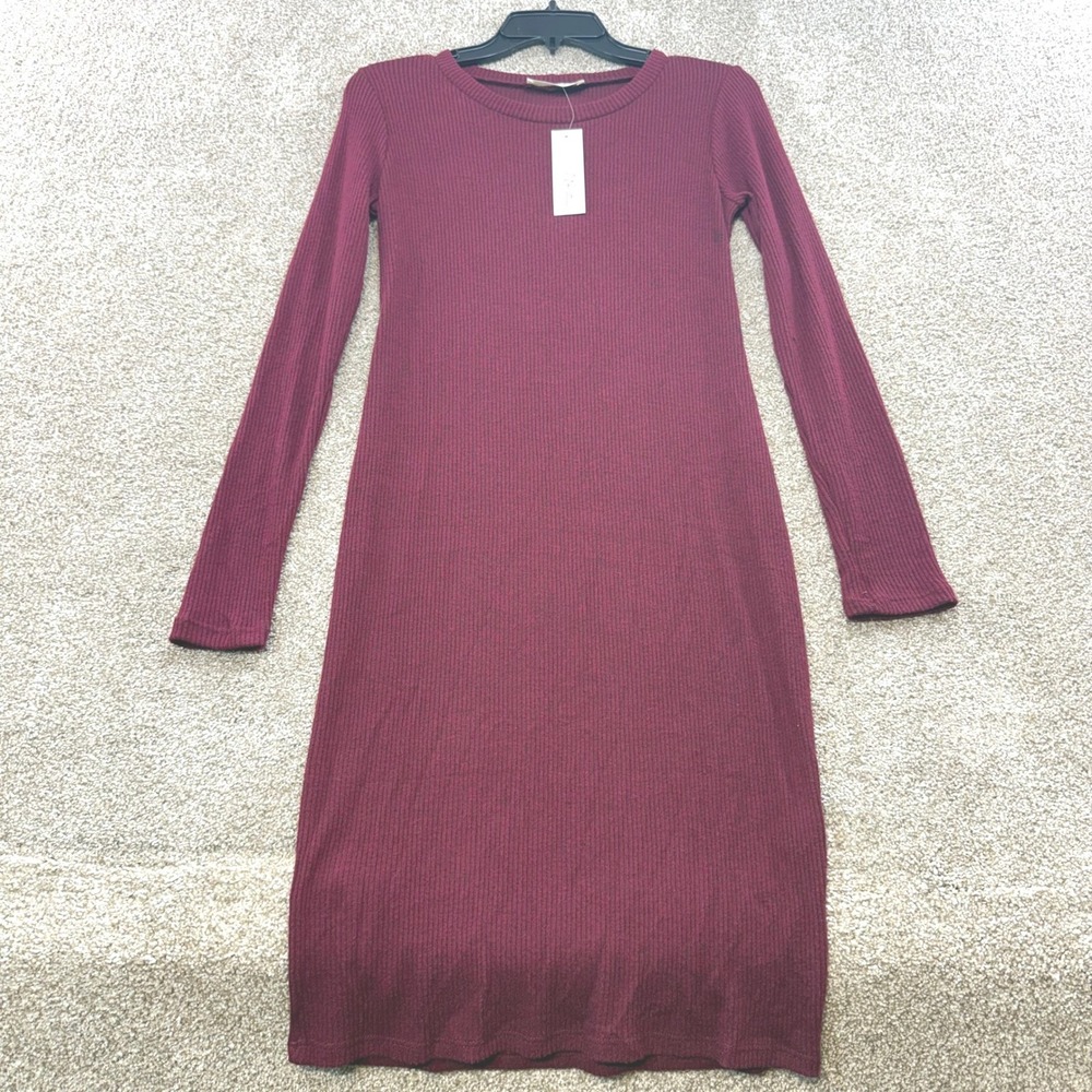 Hello Miz Womens Ribbed Long Sleeve Bodycon Dress Burgundy S NEW Layered Fall